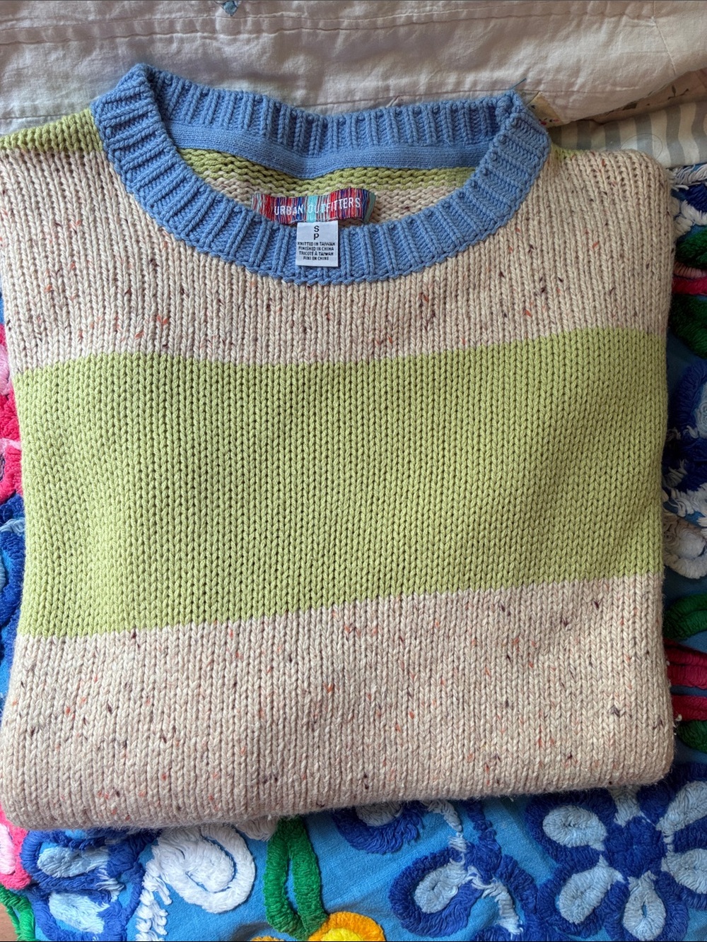 Urban Outfitters Cream, Light Green & Light Blue Striped Crewneck Sweater Small